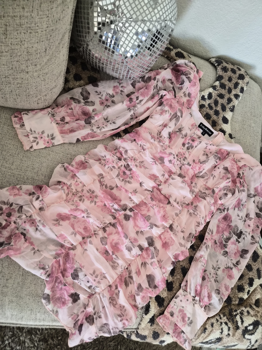 EillyBazar Pink Floral Long Sleeve Ruffle Mini Dress Size Large